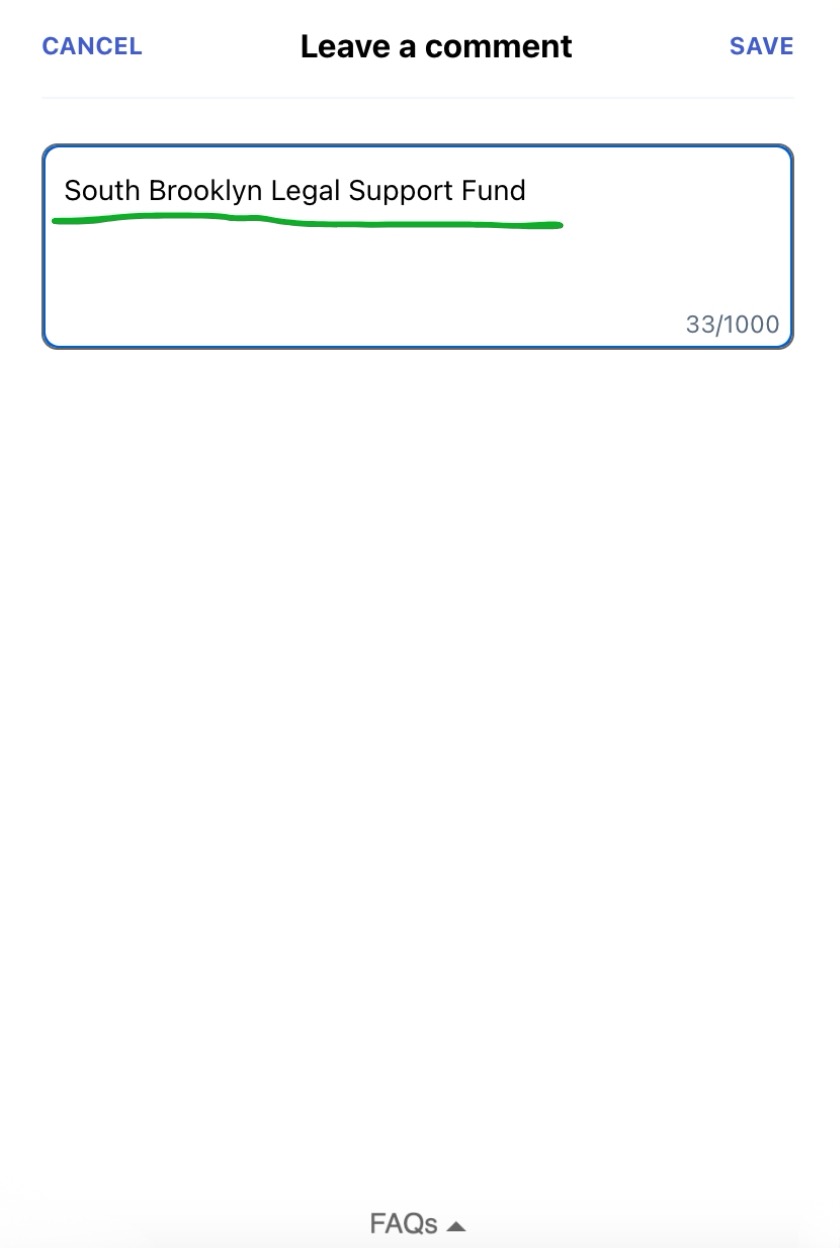 Step 3: Type South Brooklyn Legal Support Fund and click Save